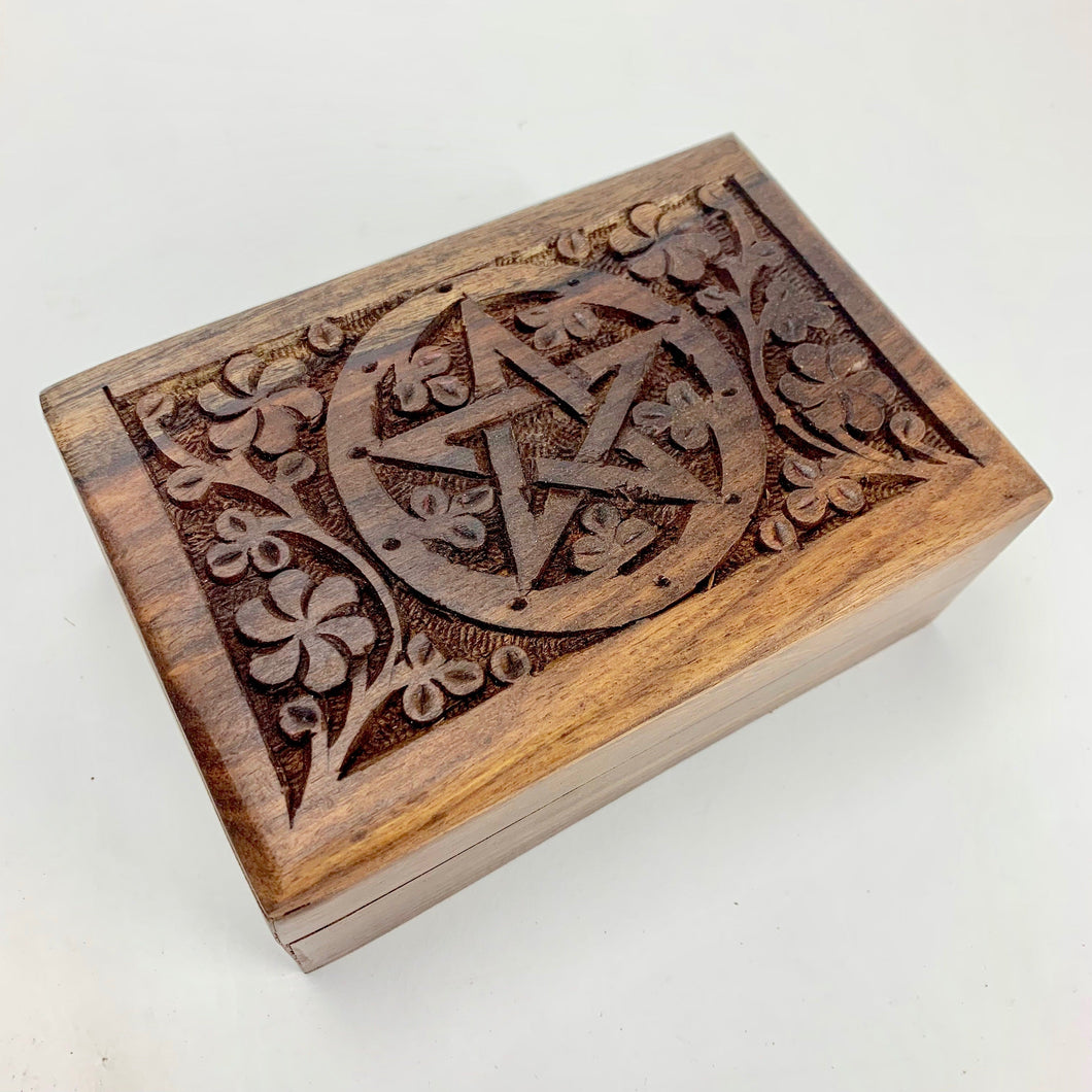 Pentagram Carved Wooden Crystal Box