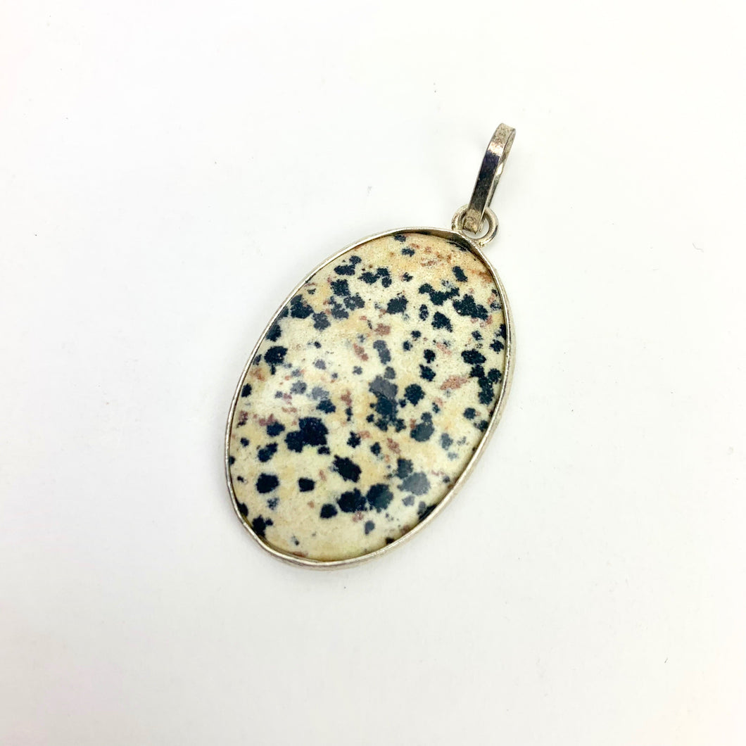 Dalmatian Jasper Cabachon Pendant w/ Silver Alloy Bezel | Oval | 40-45 mm
