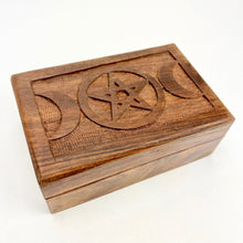 Load image into Gallery viewer, Triple Moon Pentacle Wooden Crystal Box
