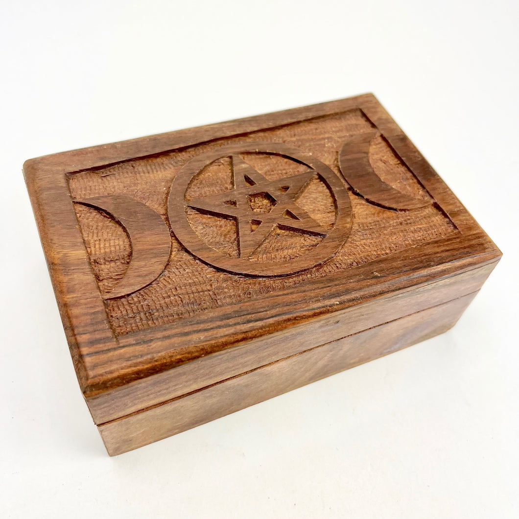 Triple Moon Pentacle Wooden Crystal Box