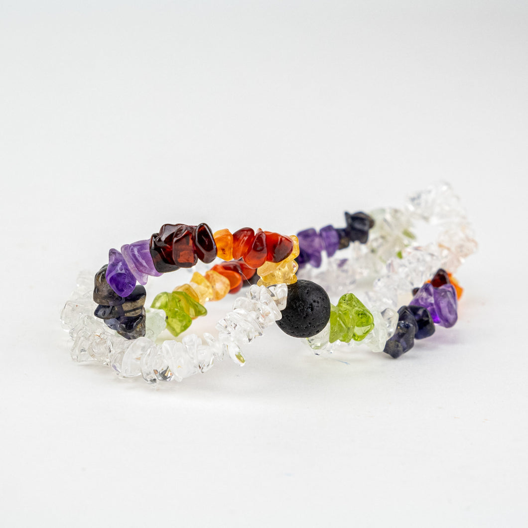 Double Strand Chakra Chip Bracelet with Lava Diffuser Bead