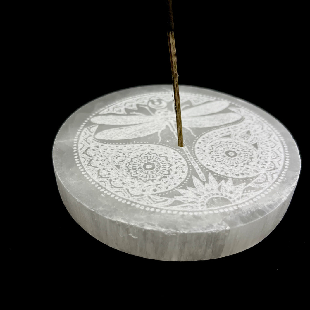 *Selenite Incense Stand | Dragonfly Etched | 10 cm | Morocco