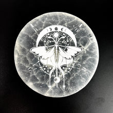 Load image into Gallery viewer, *Lunar Moth Etched | Selenite Round Crystal Charging Plate | 10 cm
