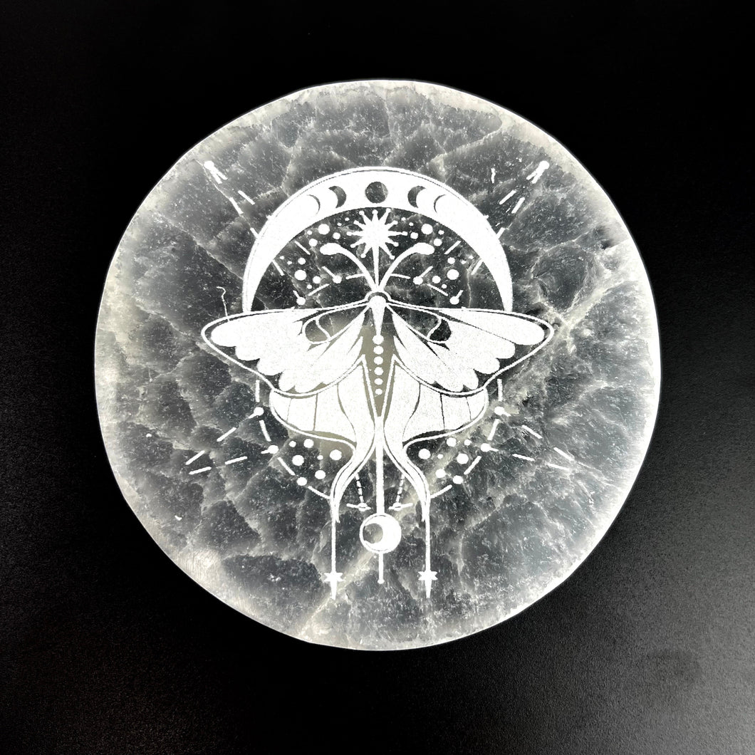 *Lunar Moth Etched | Selenite Round Crystal Charging Plate | 10 cm