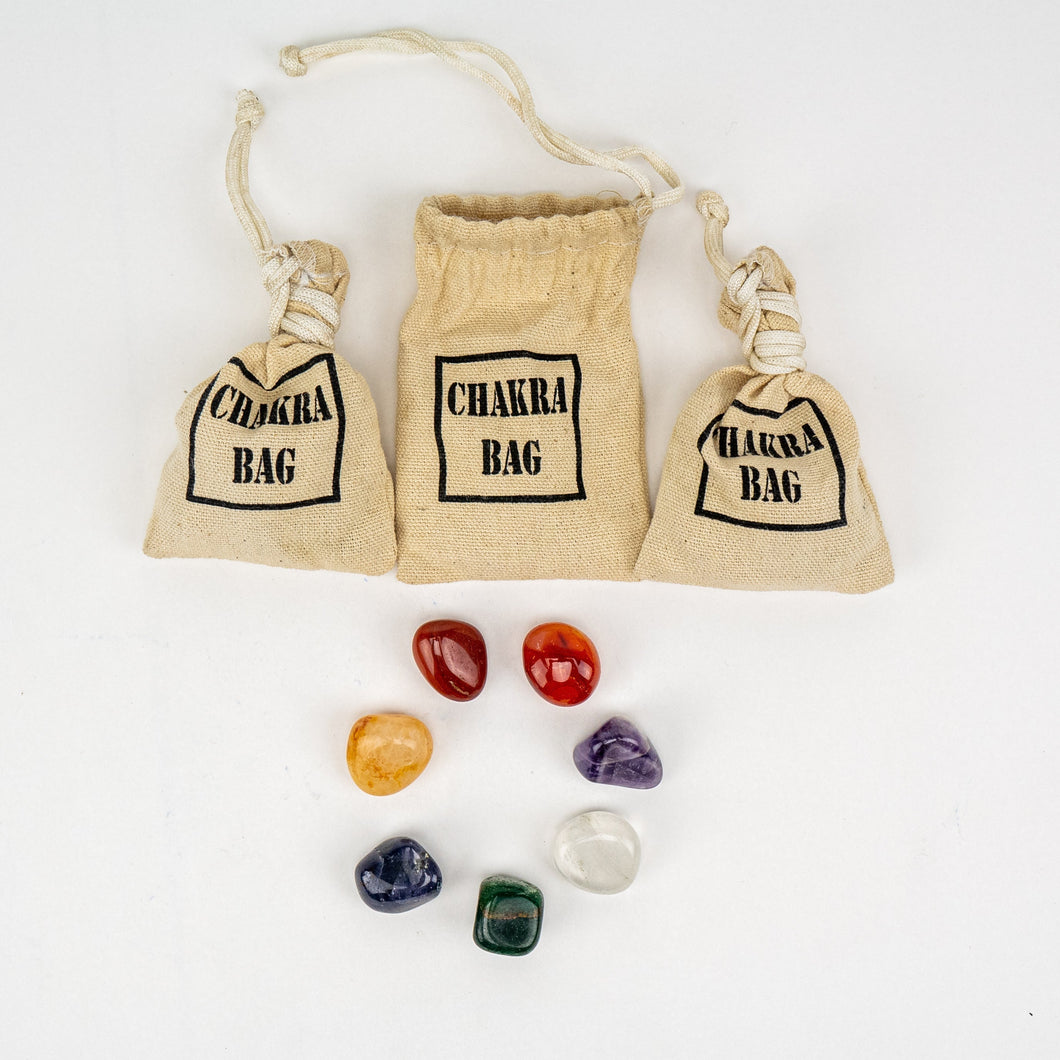 Gemstone Chakra Pouch w 7 Chakra Tumbled Stones & Printed Bag